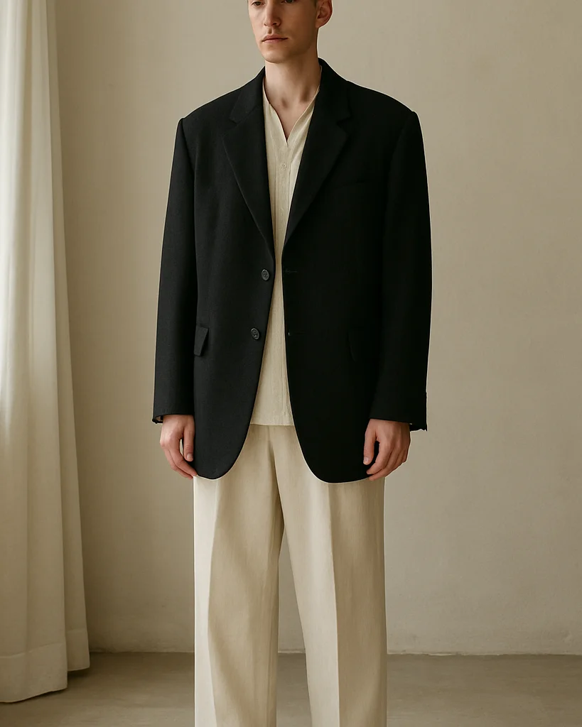 Editorial studio fashion photograph of a man in tailored oversize