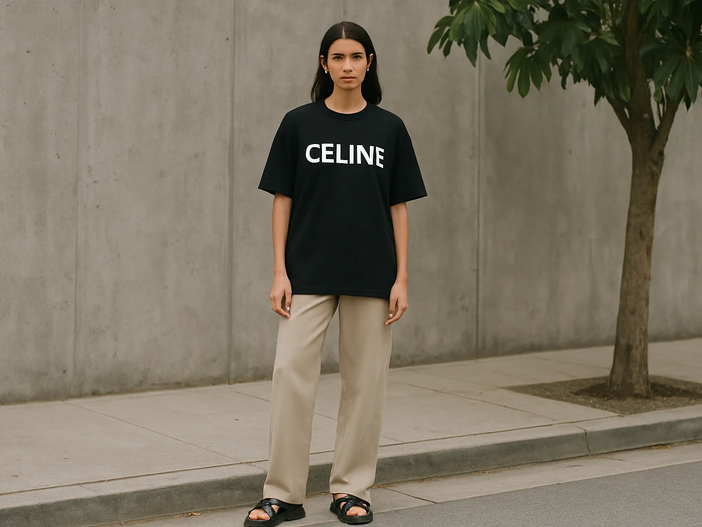 Editorial fashion photograph of a model in a relaxed oversized bl