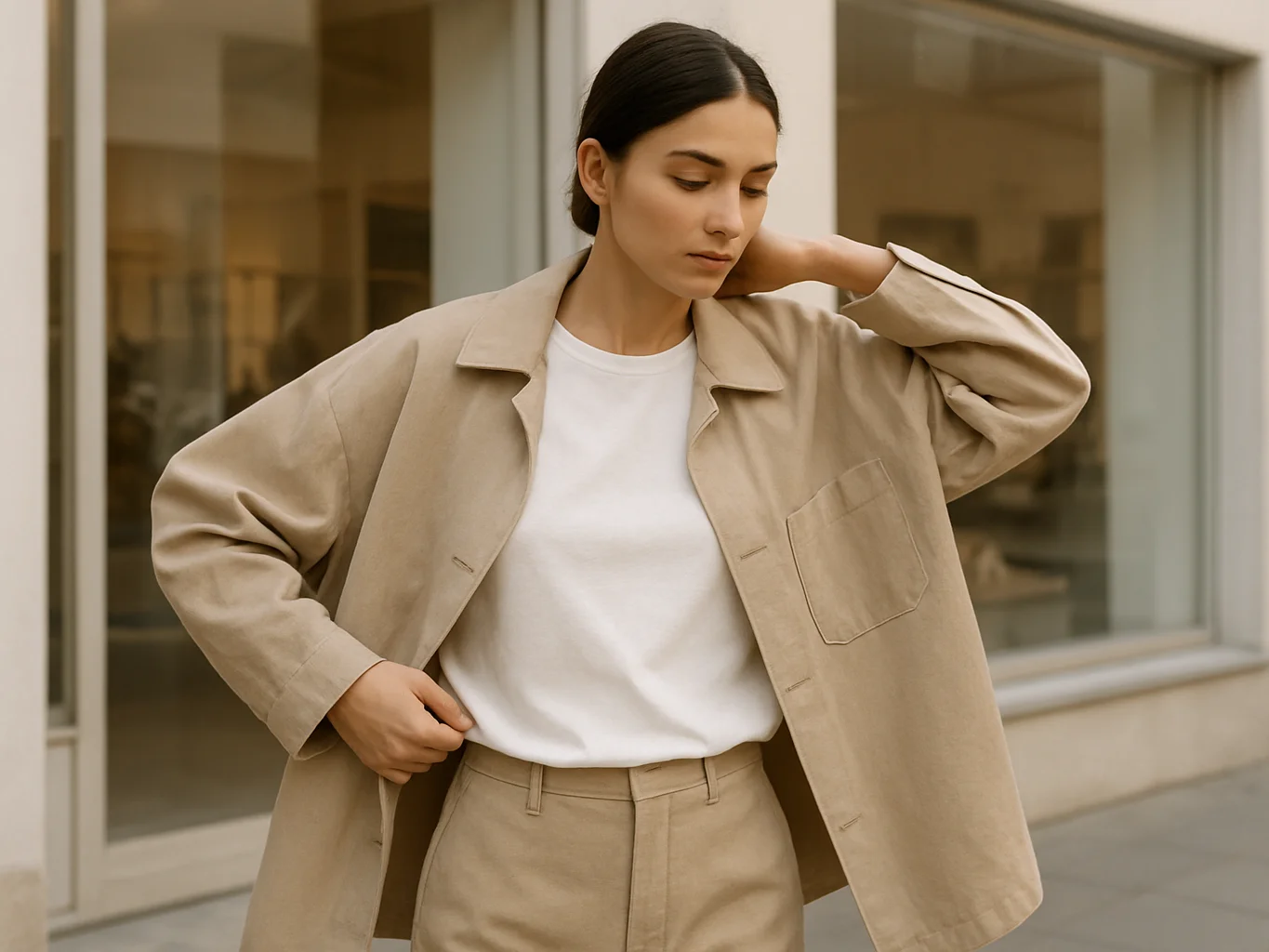 Editorial fashion photograph of a model layering a neutral oversi